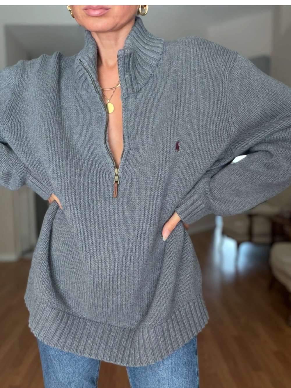 Vintage Ralph Lauren Gray Half-Zip Ribbed Wool Sweater - Picture 3 of 7